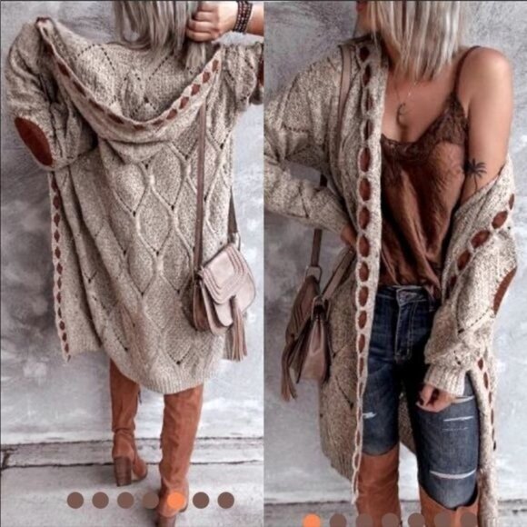 Pol M Cozy Cable Knit Hooded Long Cardigan Duster With Elbow Patches - Picture 3 of 10